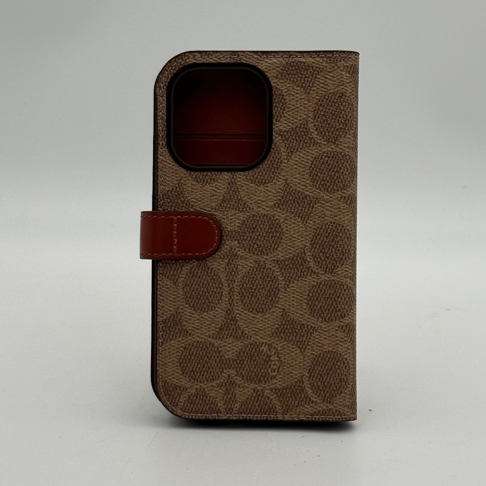 Coach iPhone 14 Pro Folio Case Signature Canvas Khaki Rust Leather Monogram
